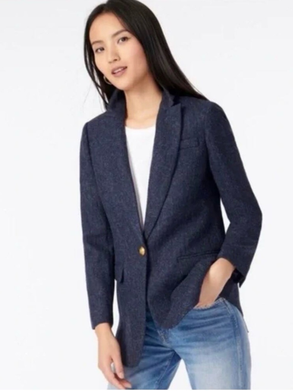 J. CREW Long Parke Blazer In Navy Blue Herringbone Moon English Wool size 4